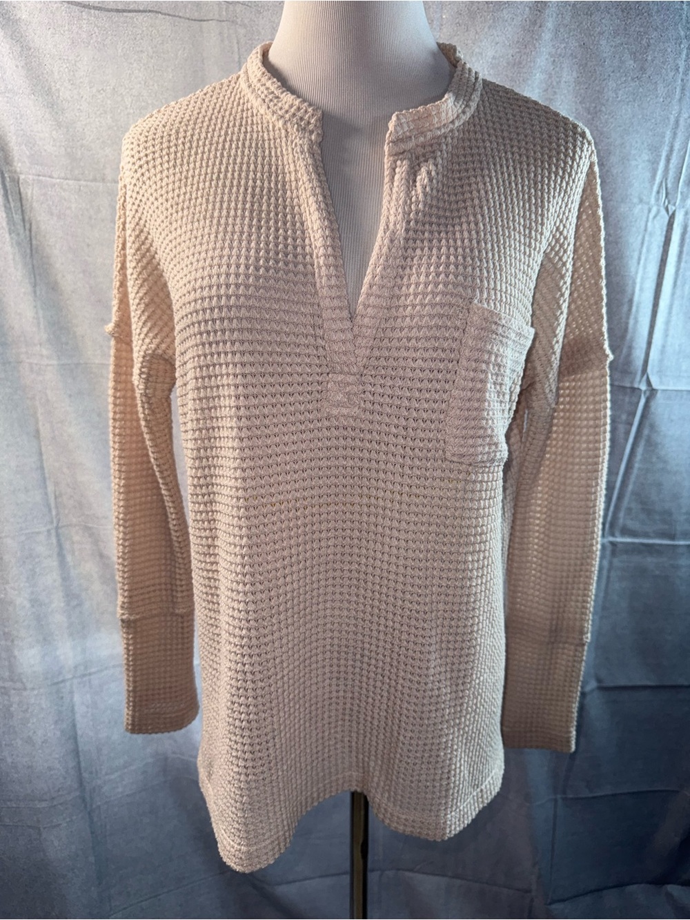 1727-Pink Lily Cream Waffle-Knit V-Neck Sweater